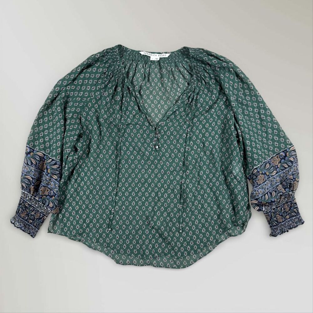 Green Patterned Peasant Blouse with Contrast Sleeves